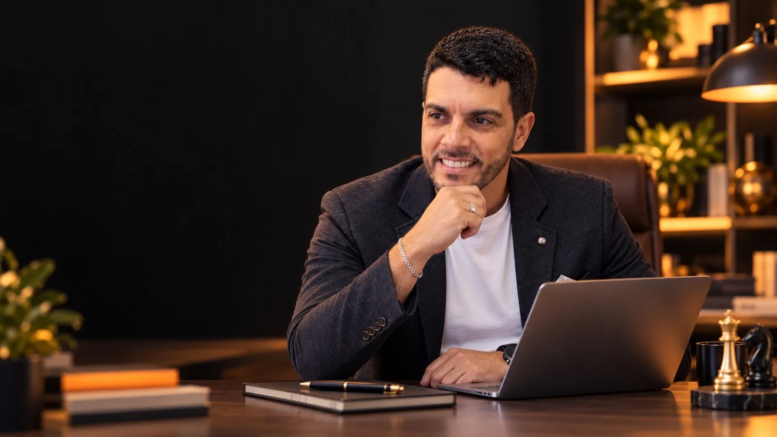 Michel René Machado Escanio en su escritorio, junto a piezas de ajedrez