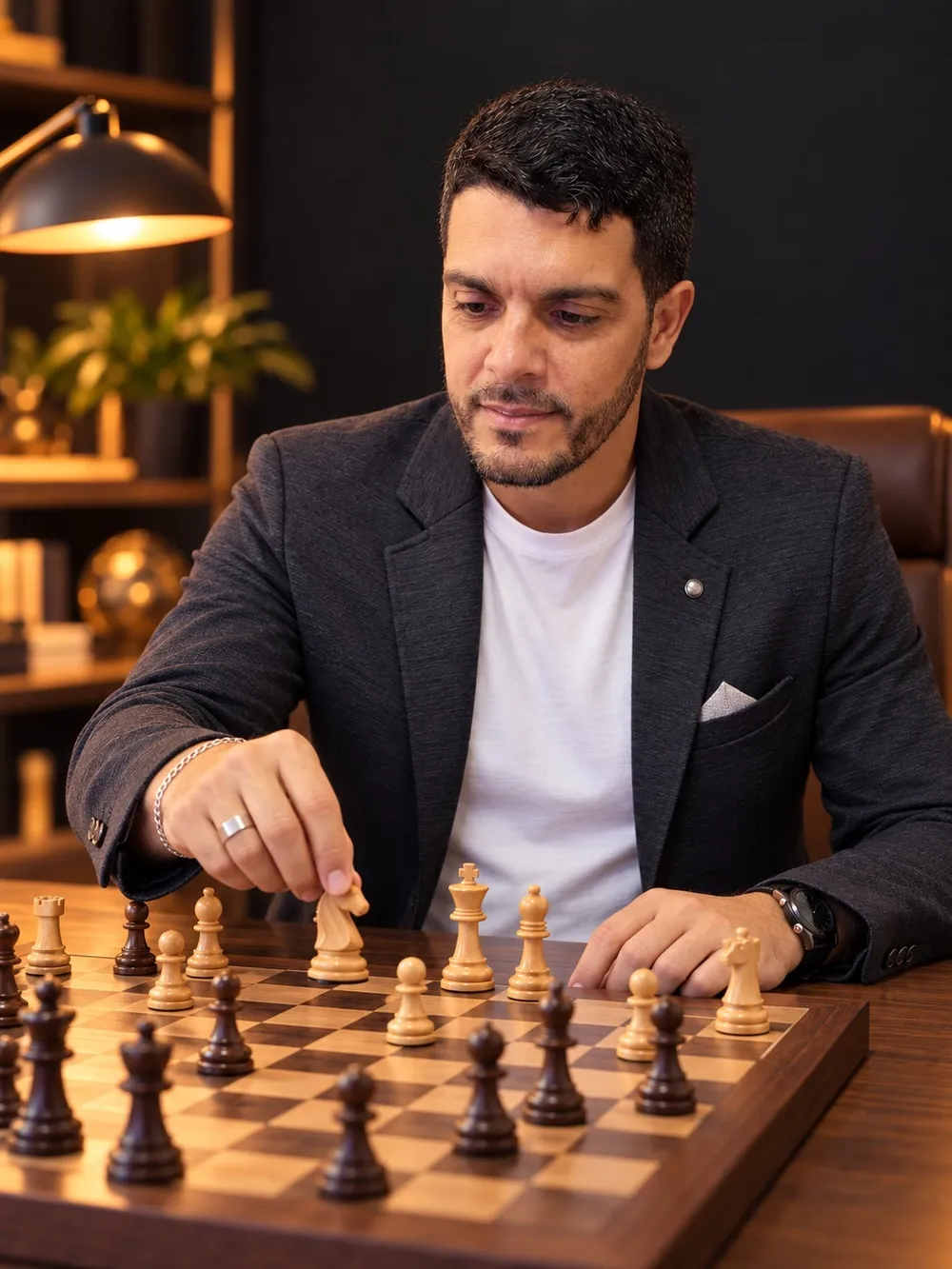 Michel René Machado Escanio analizando una partida frente al tablero