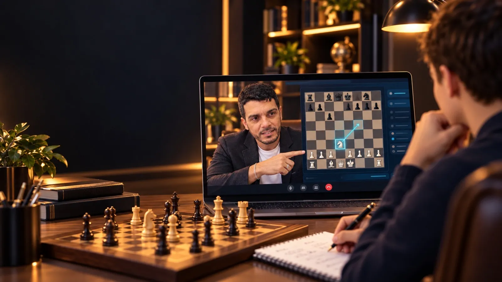 Alumno frente a un tablero físico recibiendo una sesión online con Michel en la laptop